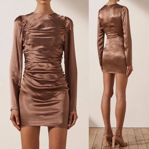 SHONA JOY 'Lily' Long Sleeve Ruched Mini Dress in Clove NWT $295 US 6 - Picture 1 of 16